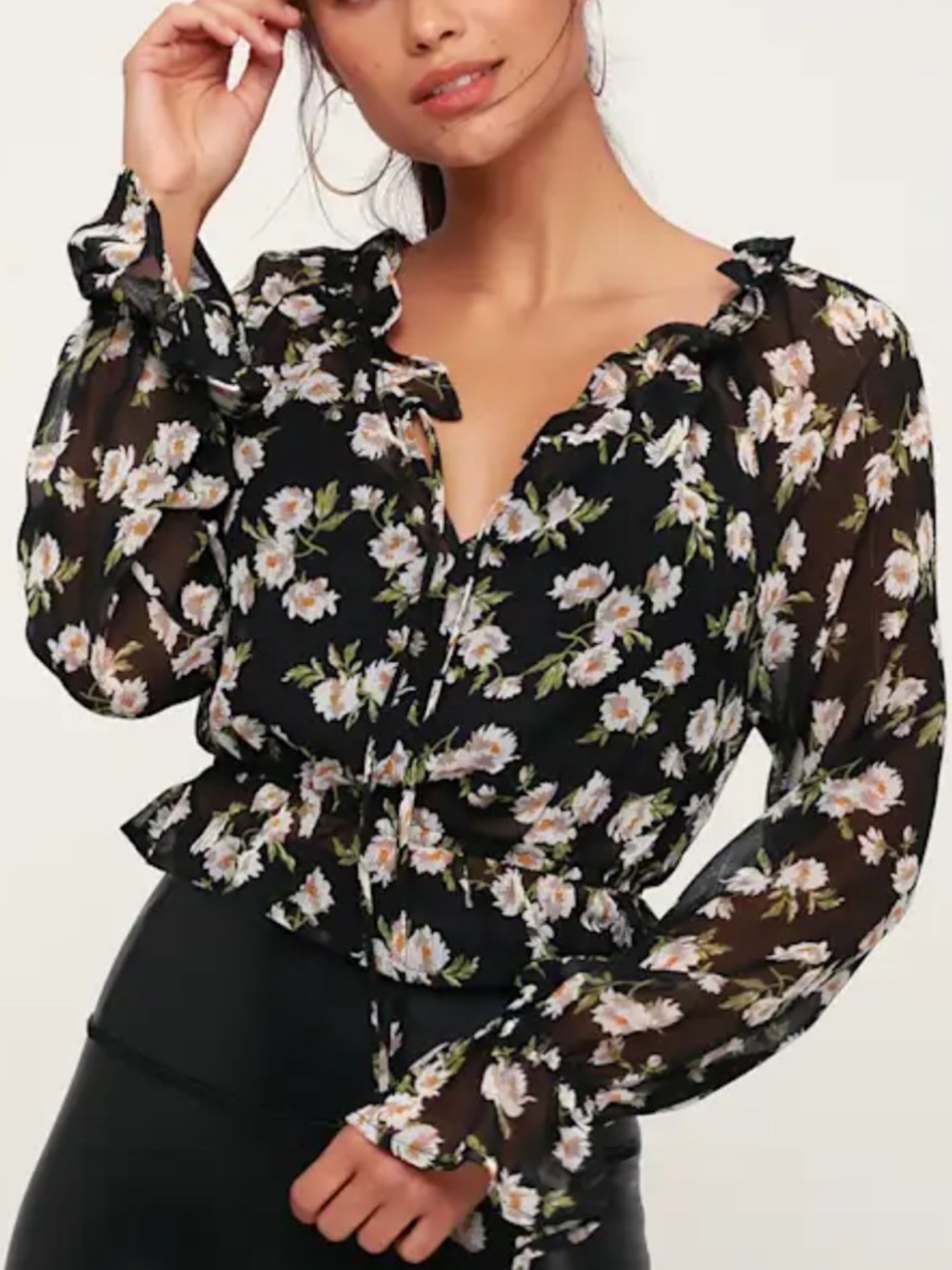 Mi Ami floral sheer ruffle crop top